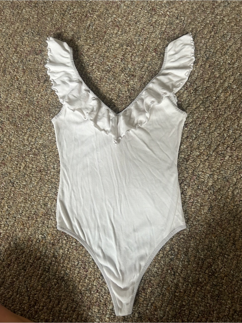 Aritzia Wilfred Danette Ruffle V-Neck Ribbed Thong Bodysuit